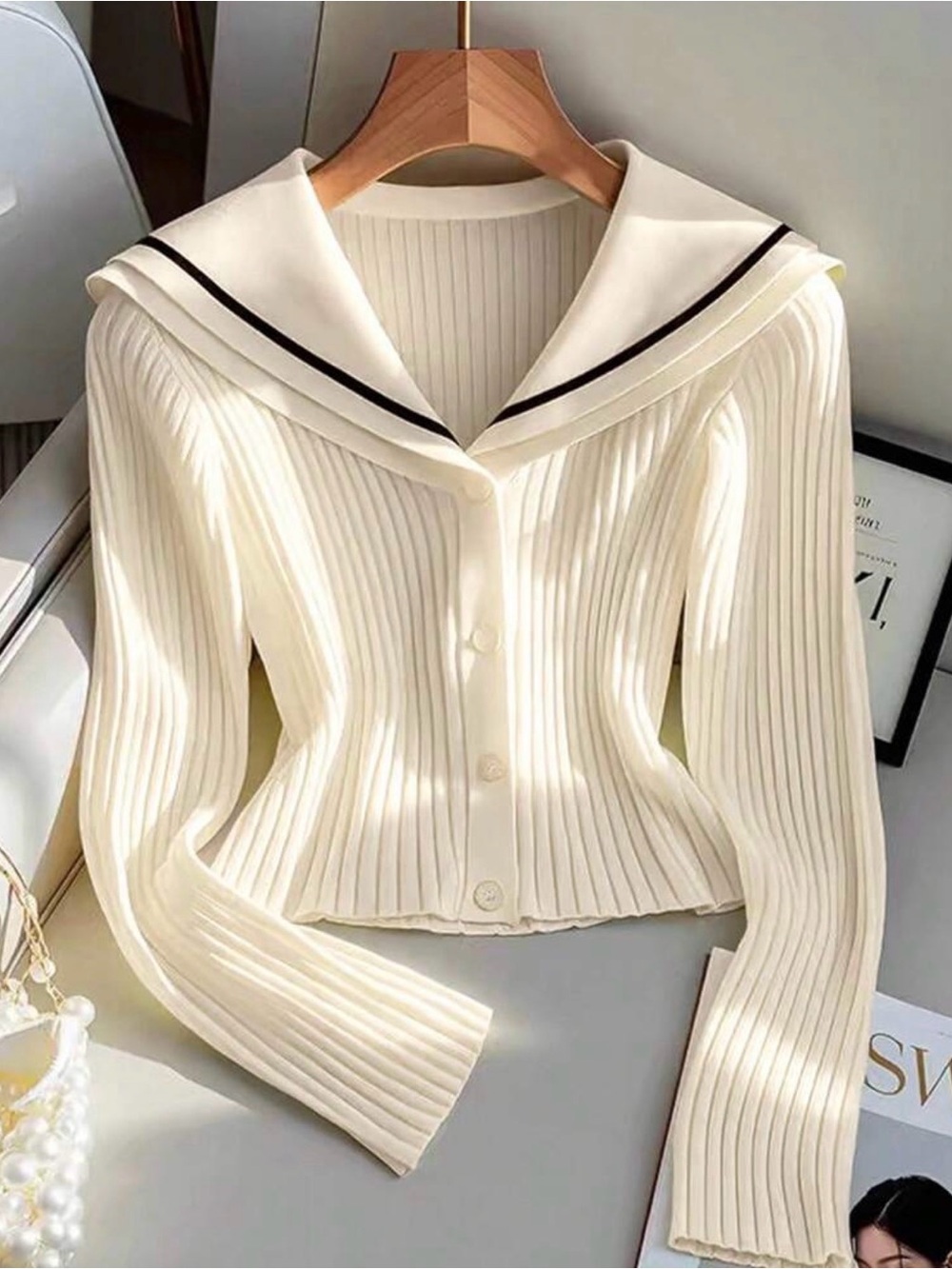Cream Ribbed V-Neck Cardigan with Sailor Collar